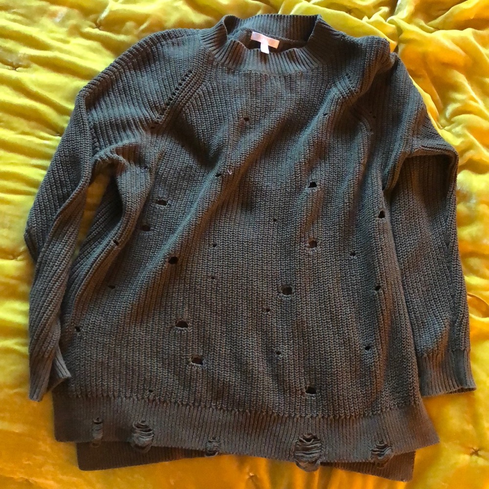 Slouchy army green distressed sweater